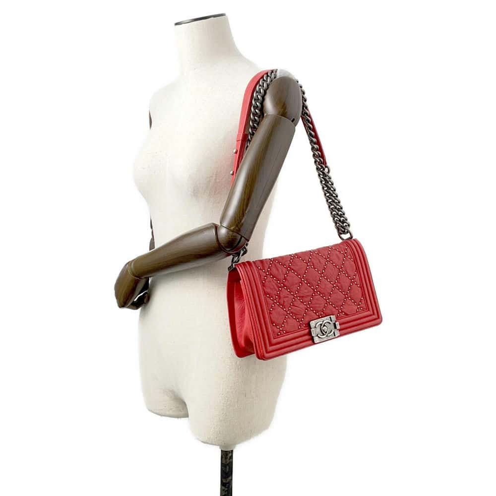 CHANEL Boy Chanel ChainShoulder Studded RedA67086 Vintage calf Size 25