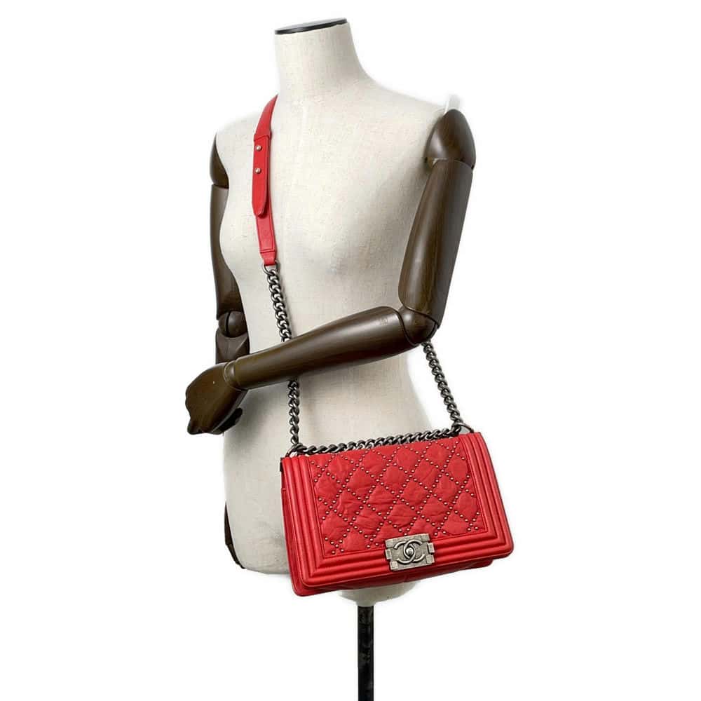 CHANEL Boy Chanel ChainShoulder Studded RedA67086 Vintage calf Size 25