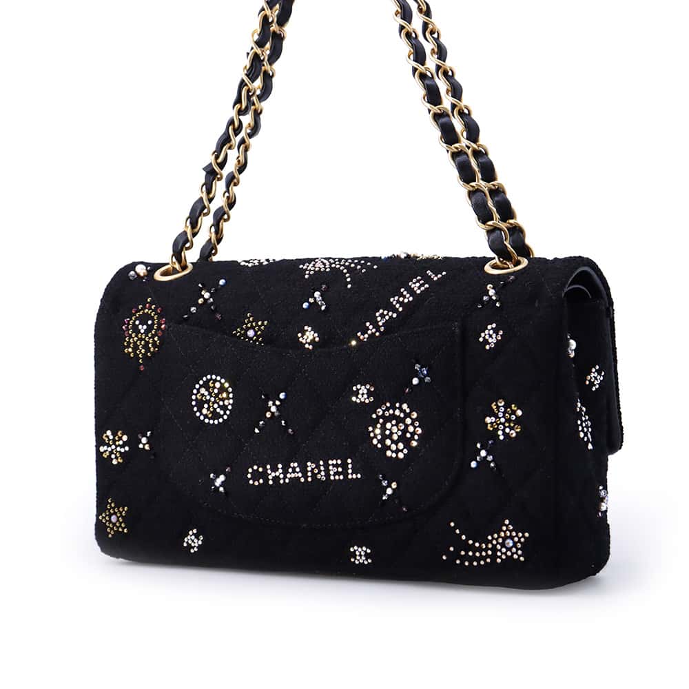 CHANEL Matelasse W Flap ChainShoulder Bag BlackA01112 Tweed Rhinestone Size 25