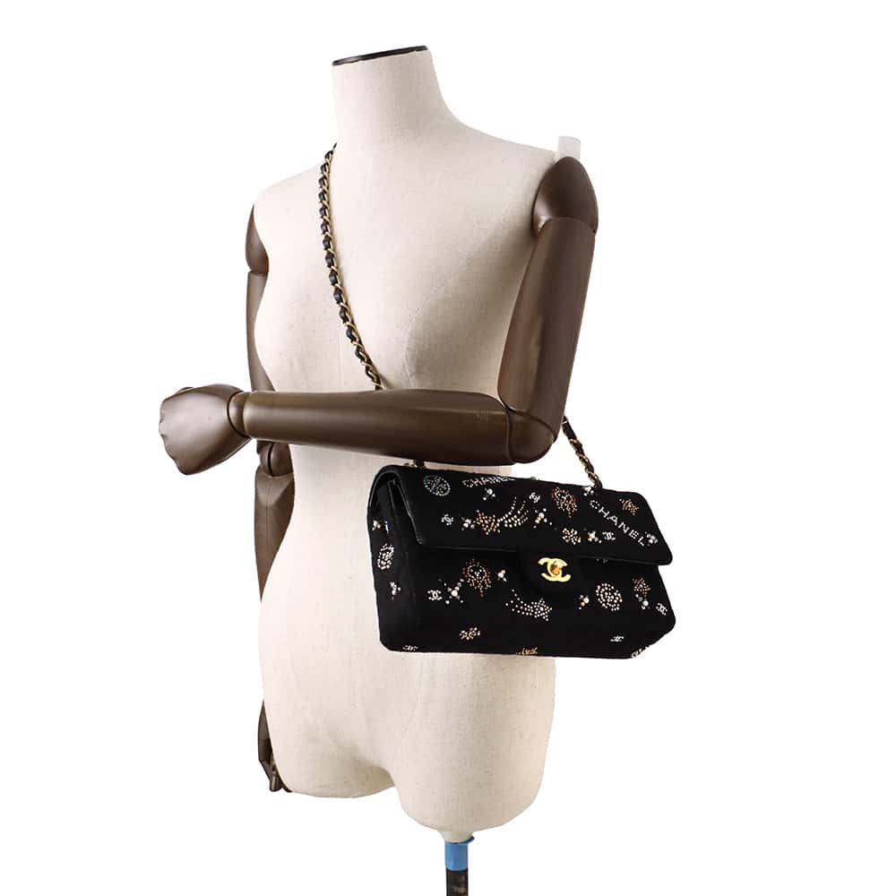 CHANEL Matelasse W Flap ChainShoulder Bag BlackA01112 Tweed Rhinestone Size 25
