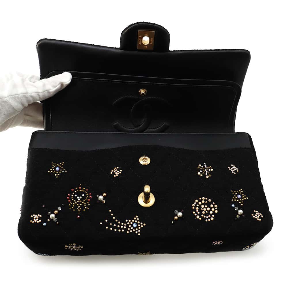 CHANEL Matelasse W Flap ChainShoulder Bag BlackA01112 Tweed Rhinestone Size 25