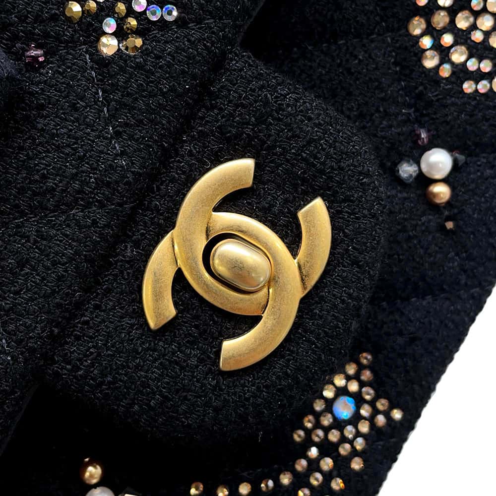 CHANEL Matelasse W Flap ChainShoulder Bag BlackA01112 Tweed Rhinestone Size 25