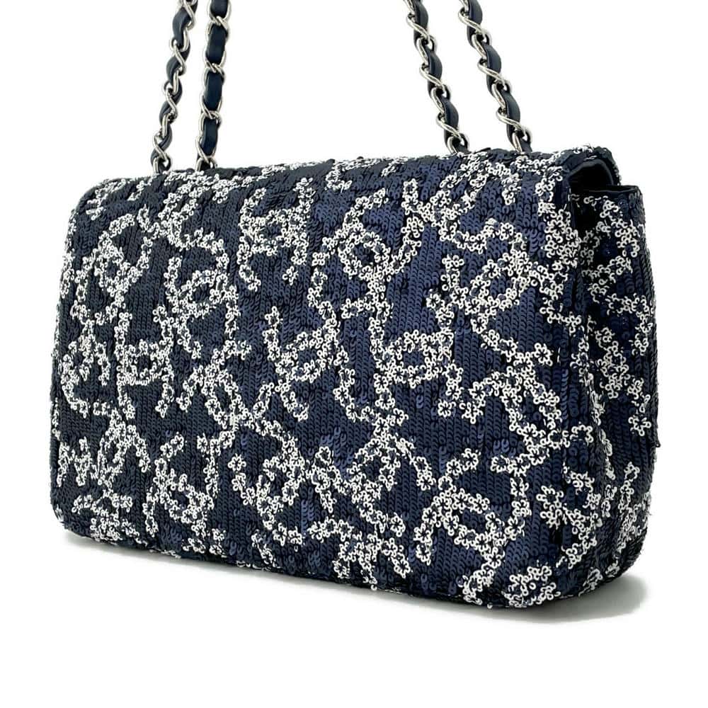 CHANEL CC Logo ChainShoulder Bag Navy/White Sequins Size 25