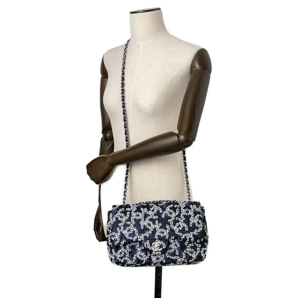 CHANEL CC Logo ChainShoulder Bag Navy/White Sequins Size 25
