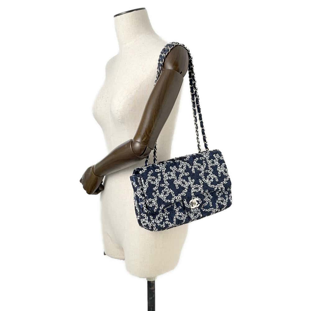CHANEL CC Logo ChainShoulder Bag Navy/White Sequins Size 25