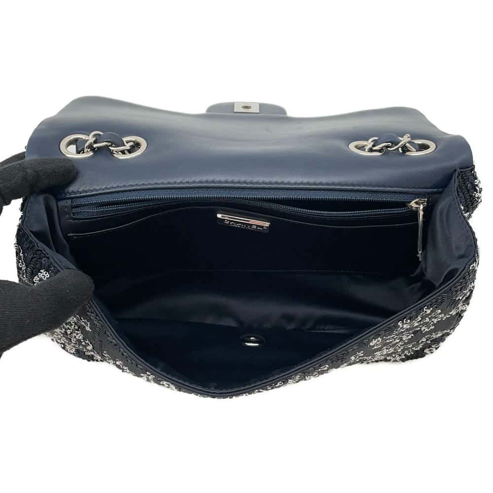 CHANEL CC Logo ChainShoulder Bag Navy/White Sequins Size 25