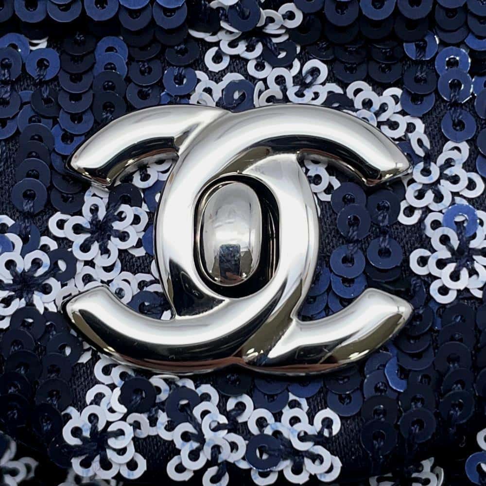 CHANEL CC Logo ChainShoulder Bag Navy/White Sequins Size 25
