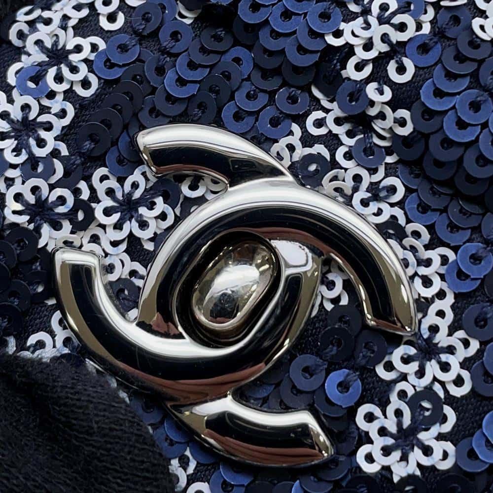CHANEL CC Logo ChainShoulder Bag Navy/White Sequins Size 25