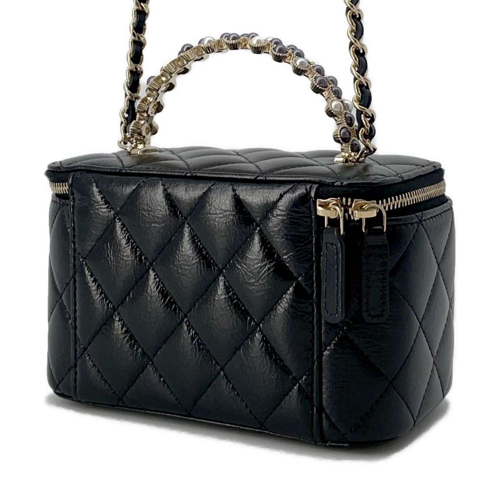 CHANEL Matelasse 2wayShoulder Vanity with Pearl Handle Black Lambskin