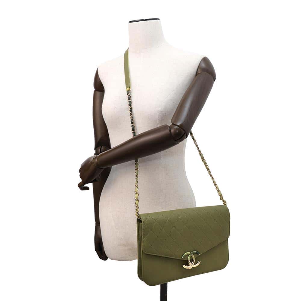 CHANEL ChainShoulder Bag Khaki Caviar Leather