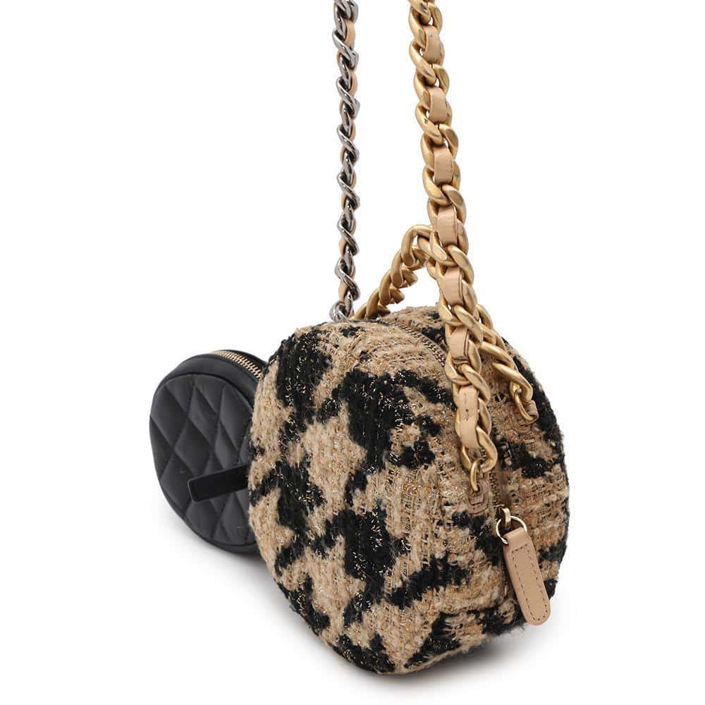 CHANEL CHANEL19 Round Chain Shoulder Bag Beige/Black Tweed Leather