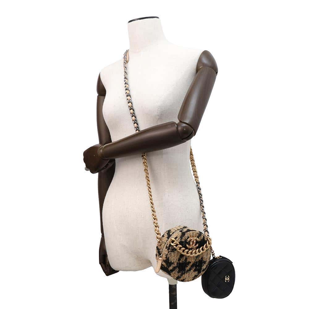 CHANEL CHANEL19 Round Chain Shoulder Bag Beige/Black Tweed Leather