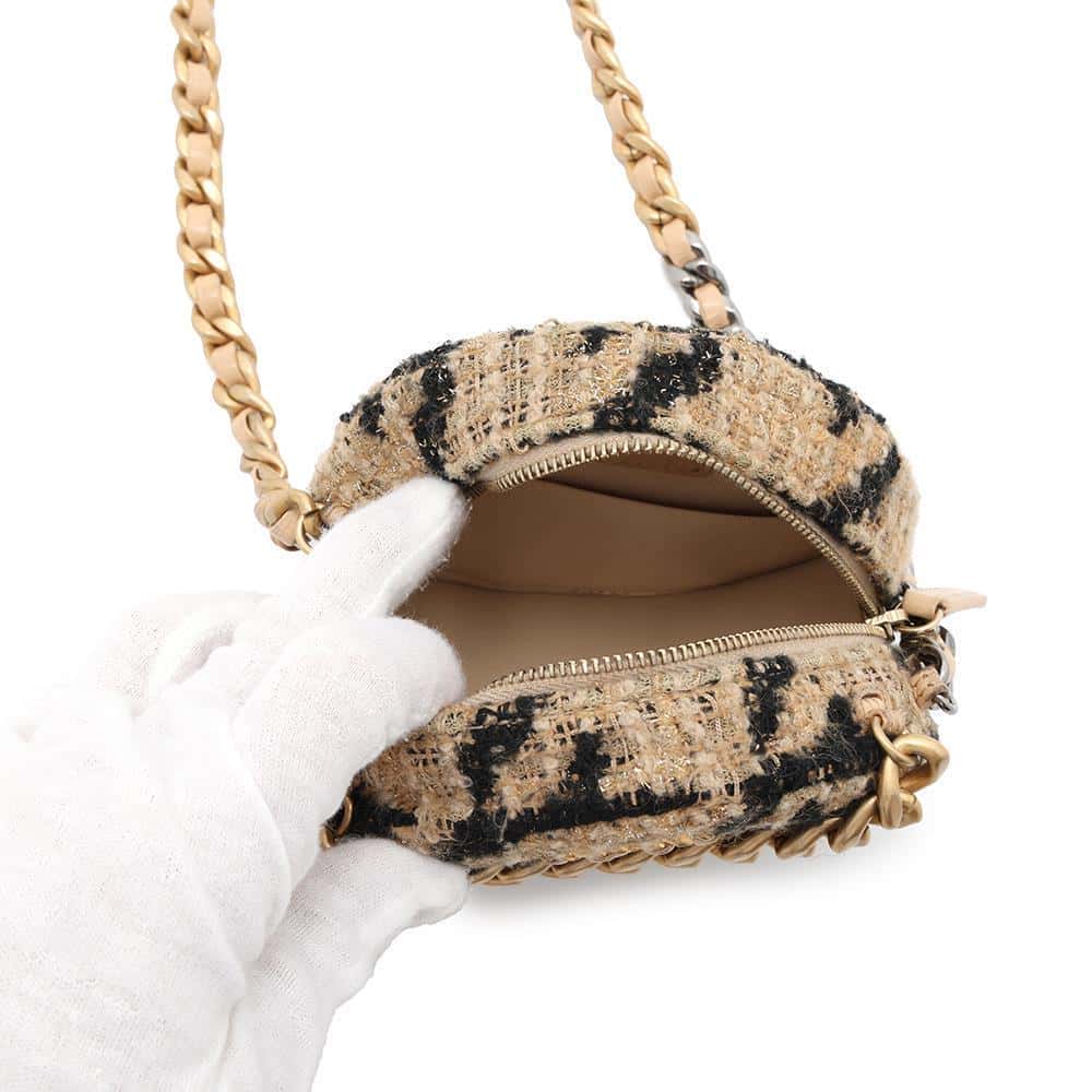 CHANEL CHANEL19 Round Chain Shoulder Bag Beige/Black Tweed Leather