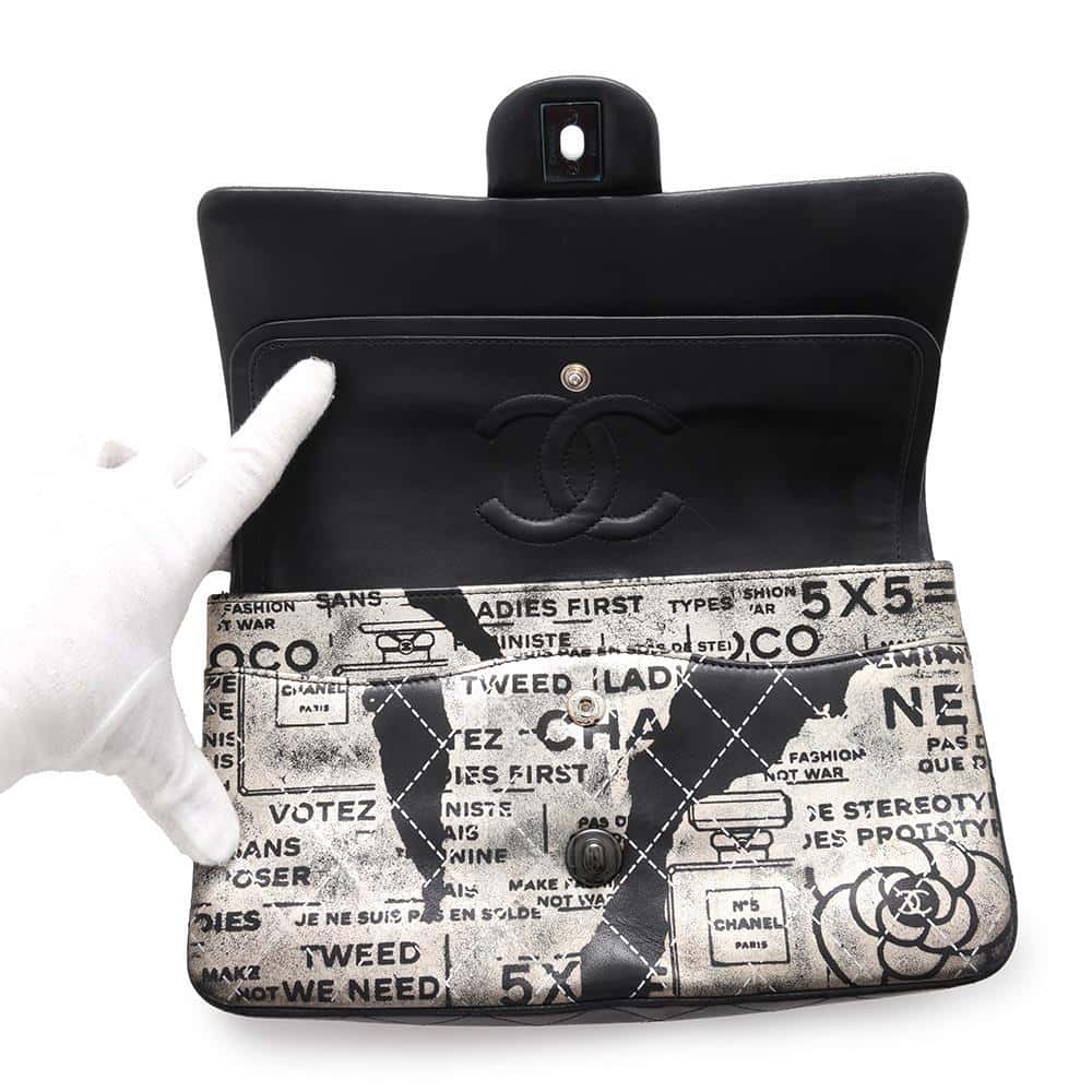 CHANEL Logo Print Double Flap ChainShoulder Bag BlackA01112 Leather