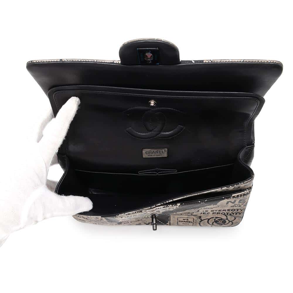 CHANEL Logo Print Double Flap ChainShoulder Bag BlackA01112 Leather