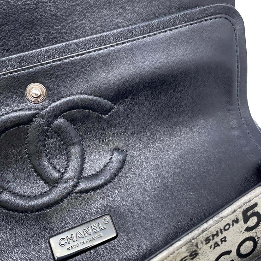 CHANEL Logo Print Double Flap ChainShoulder Bag BlackA01112 Leather