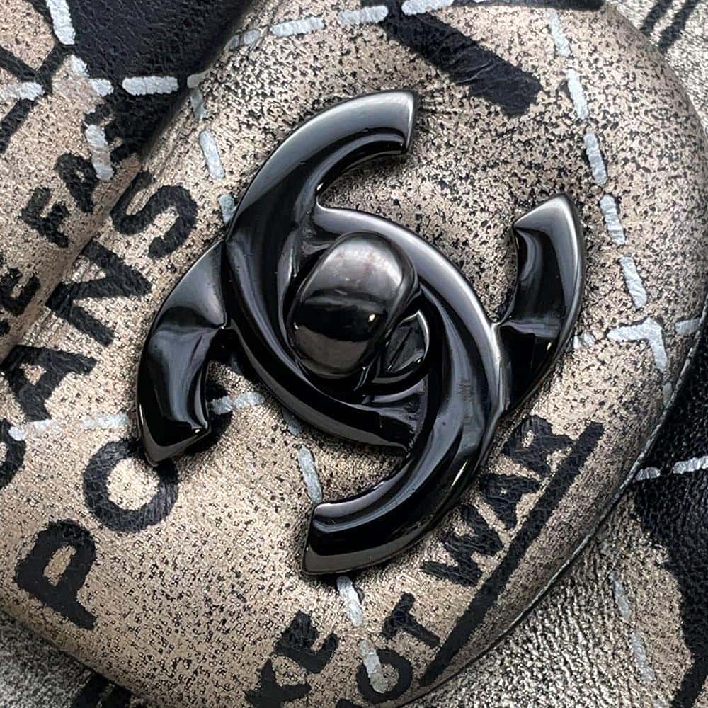 CHANEL Logo Print Double Flap ChainShoulder Bag BlackA01112 Leather