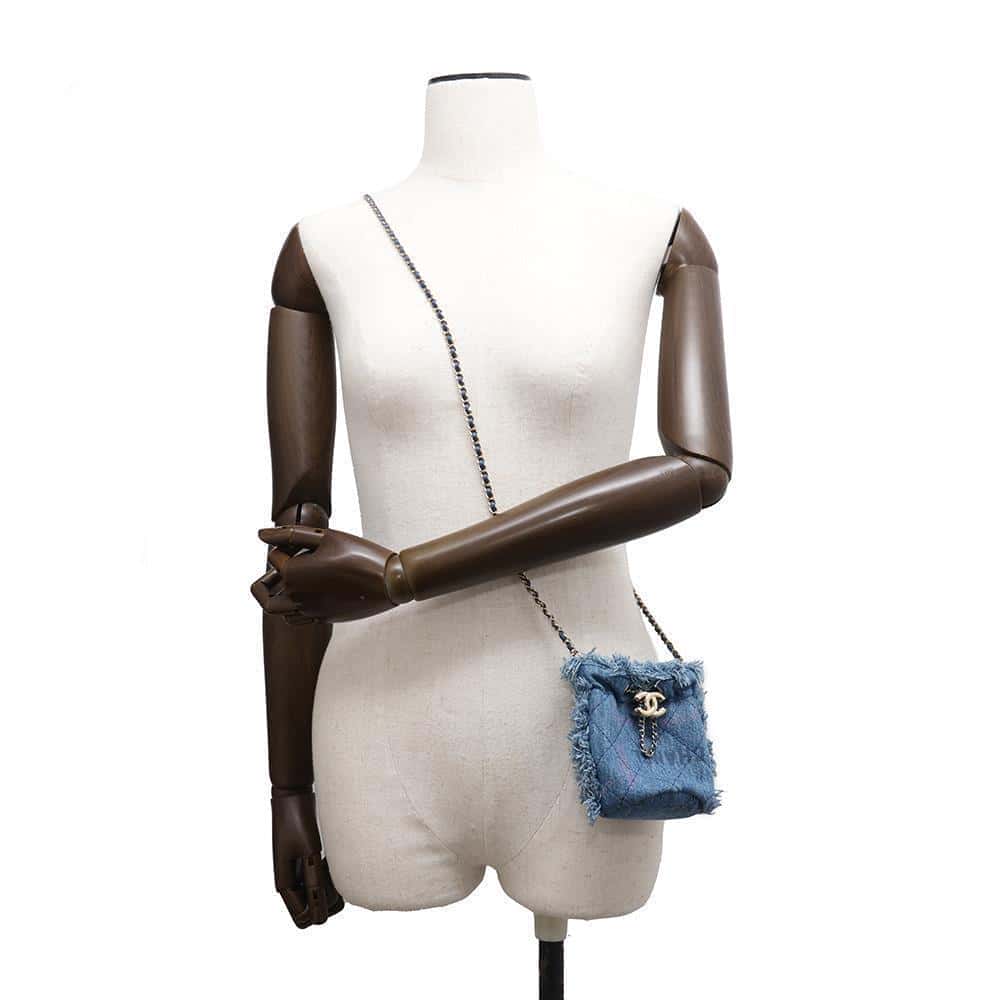 CHANEL Logo Mini Drawstring Bag Shoulder BlueAP2603 Denim Leather