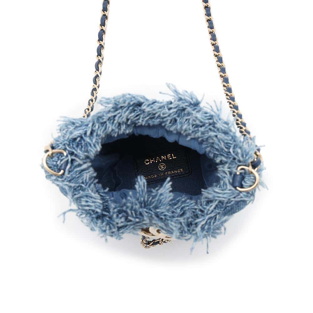 CHANEL Logo Mini Drawstring Bag Shoulder BlueAP2603 Denim Leather