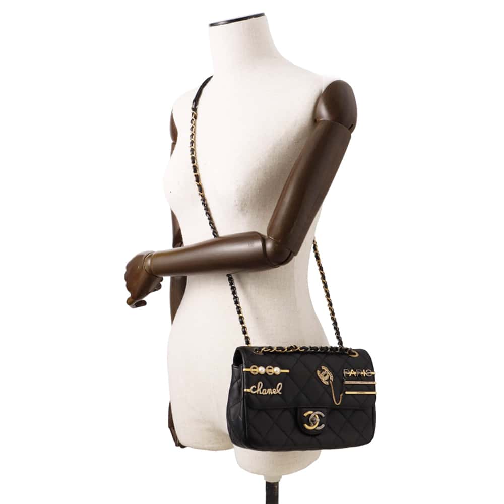 CHANEL Matelasse Bag Charm Single Flap Chain Shoulder BlackAS2979 Lambskin