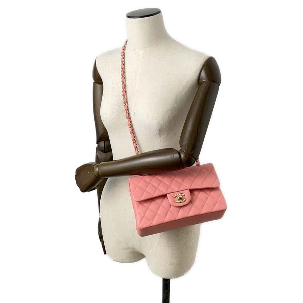CHANEL Matelasse W Flap ChainShoulder Bag PinkA01113 Caviar Leather Size 23