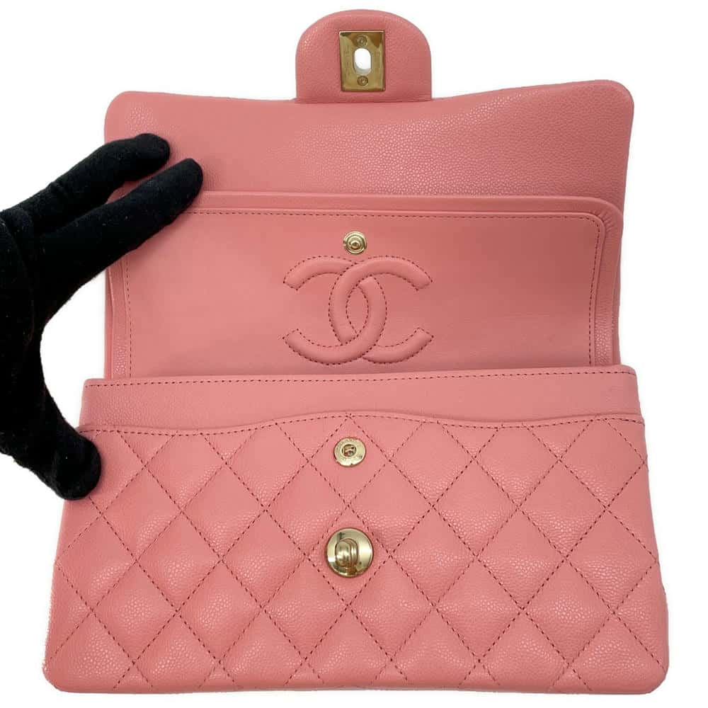 CHANEL Matelasse W Flap ChainShoulder Bag PinkA01113 Caviar Leather Size 23