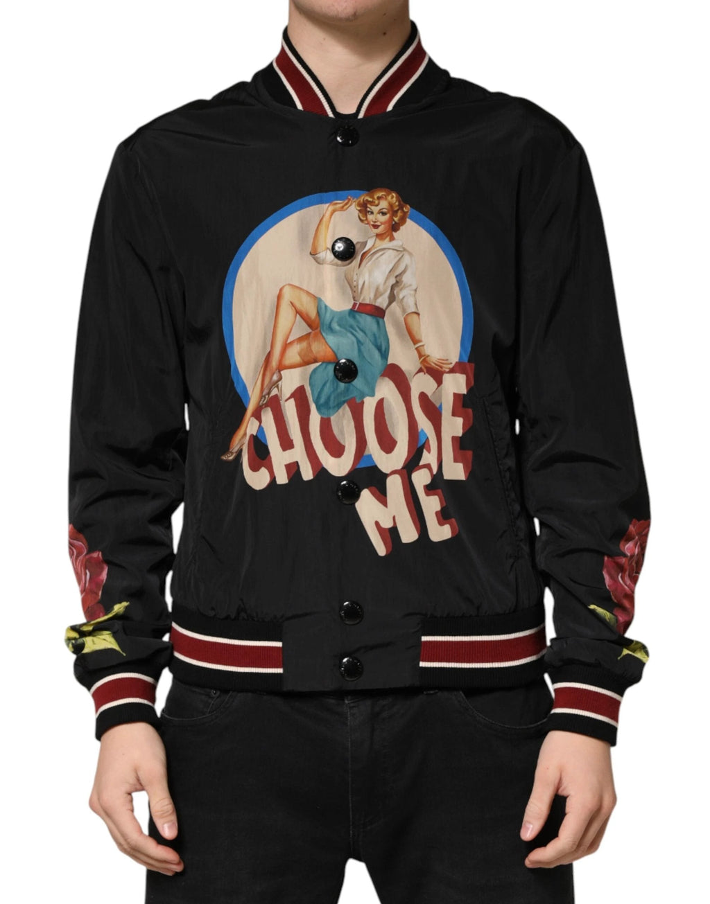 Dolce & Gabbana Black Pin Up Button Down Men Bomber Jacket