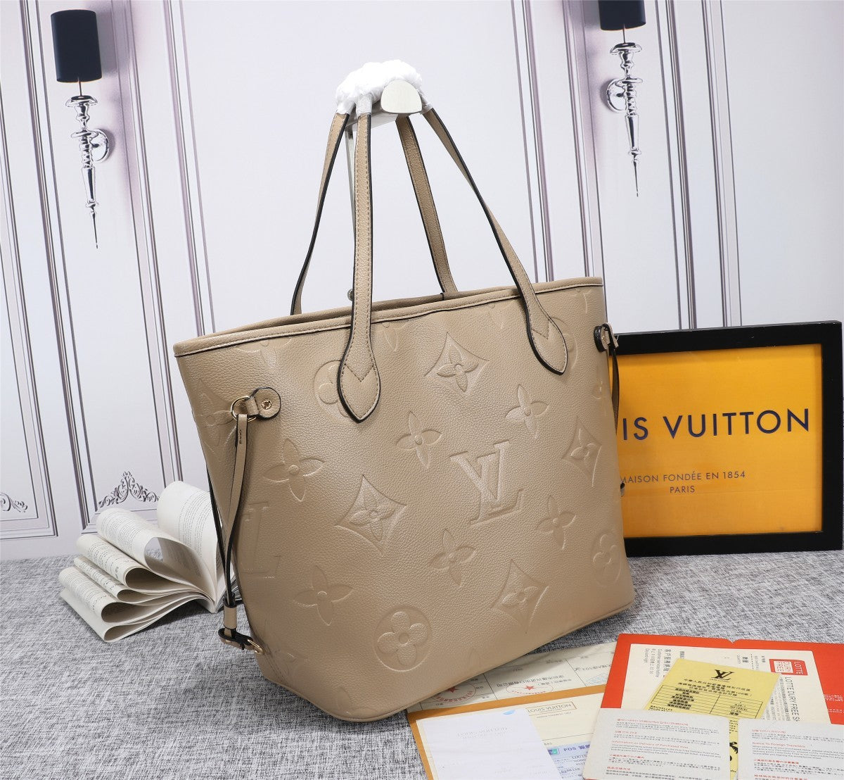 Louis Vuitton Neverfull MM Tote Bag Monogram Empreinte Tourterelle Gray For Women,  Shoulder Bags 12.2in/31cm Louis Vuitton M45686