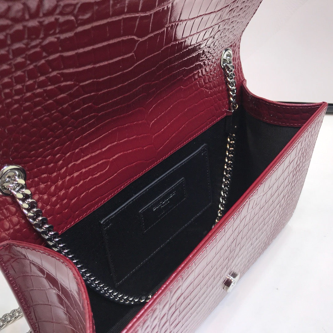 YSSL Kate Medium Chain Bag With Tassel In Embossed Crocodile Burgundy For Women 9in/24cm YSL