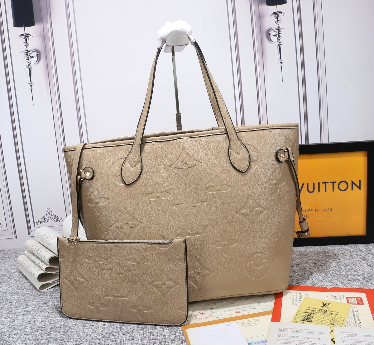 Louis Vuitton Neverfull MM Tote Bag Monogram Empreinte Tourterelle Gray For Women,  Shoulder Bags 12.2in/31cm Louis Vuitton M45686