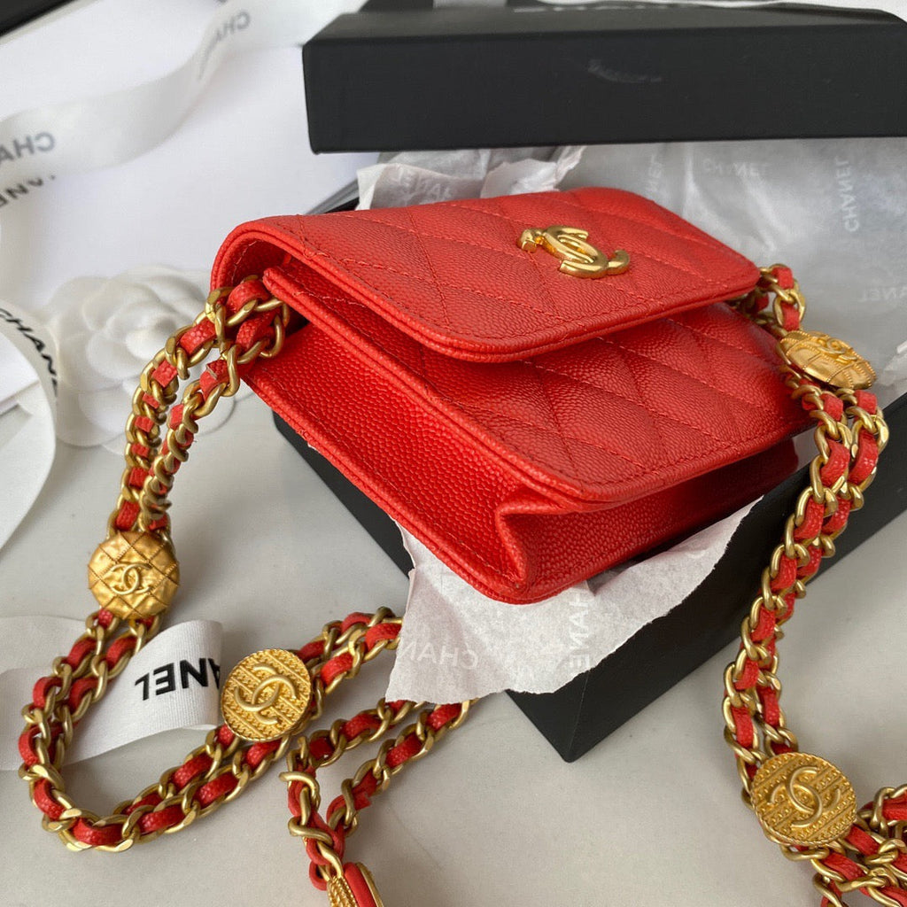 Chanel Clutch With Chain Gold Hardware Grained Shinny Red For Women Handbags, Shoulder Bags 4.7in/12cm AP2857
