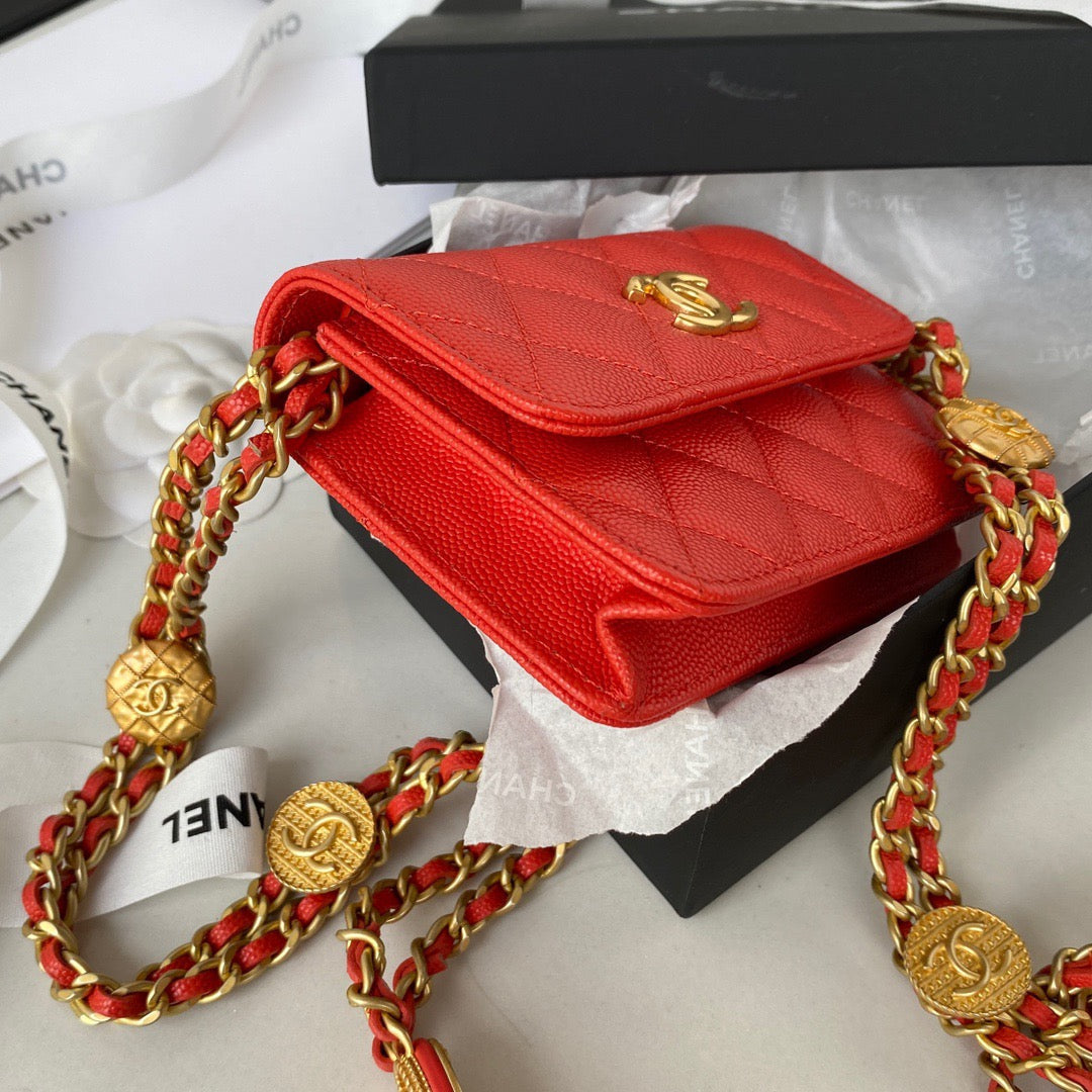 Chanel Clutch With Chain Gold Hardware Grained Shinny Red For Women Handbags, Shoulder Bags 4.7in/12cm AP2857