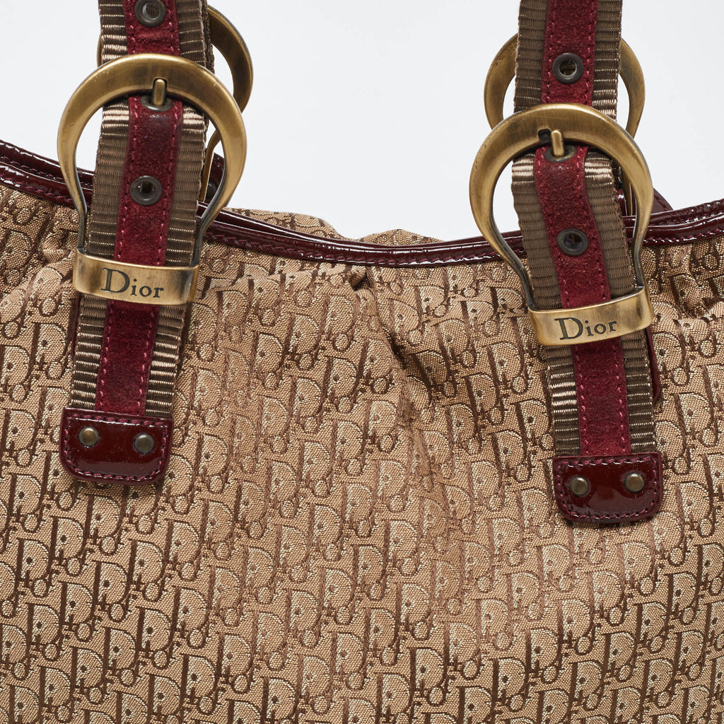 Dior Beige/maroon Oblique Canvas Suede And  Leather Tote