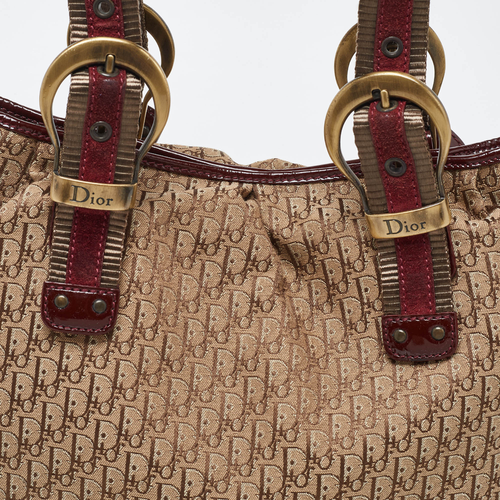 Dior Beige/maroon Oblique Canvas Suede And  Leather Tote