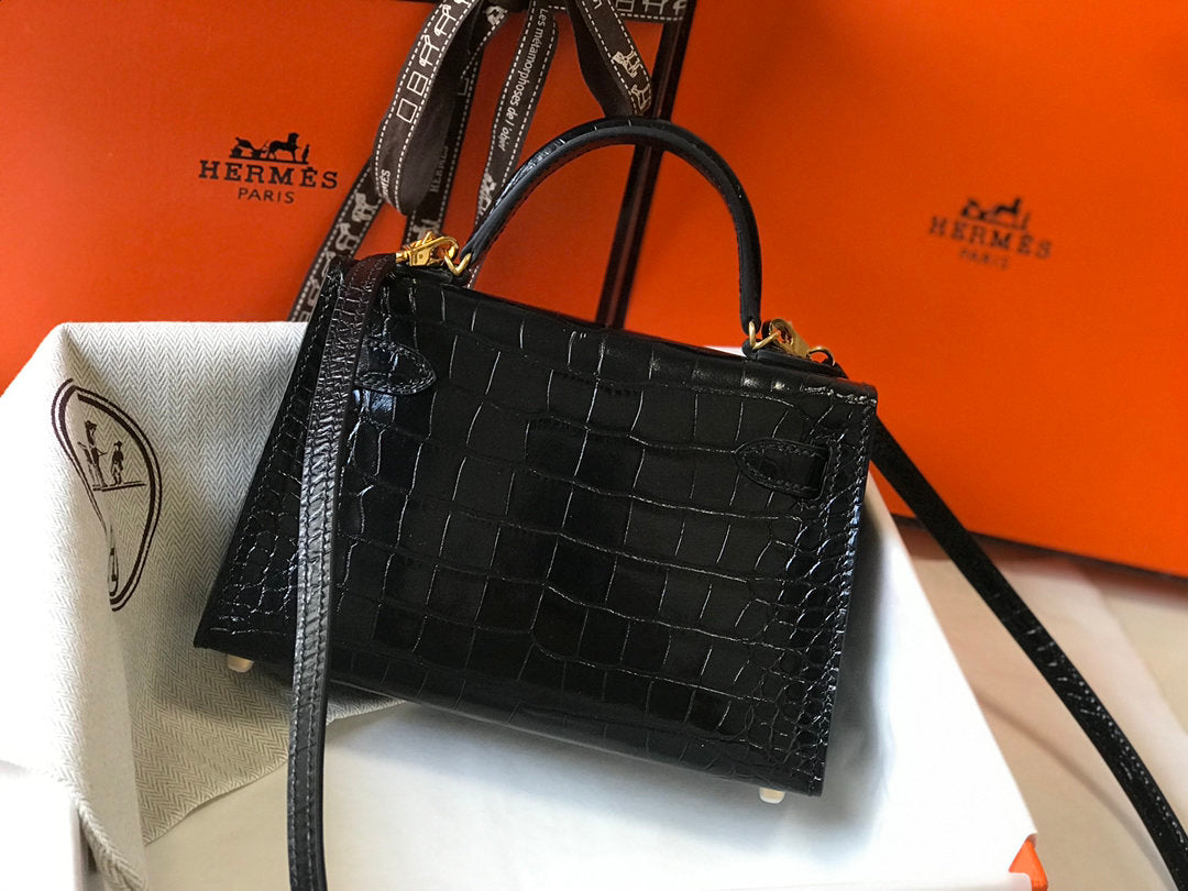 Mini Kelly 19 Black CrocoGLAMIle Bag For Women, Handbags, Shoulder Bags 7.5in/19cm