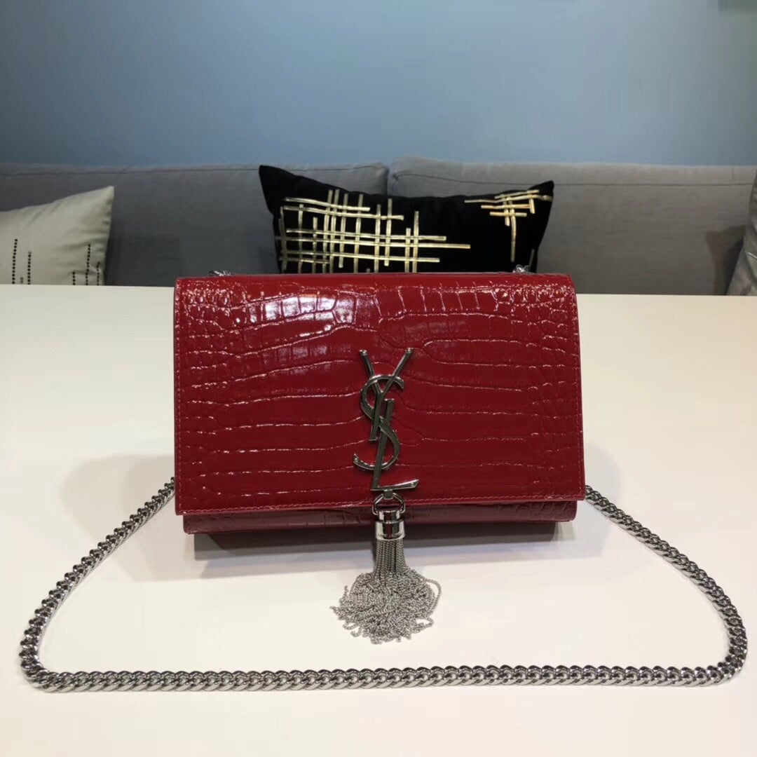 Top Quality Kate Small Chain Bag With Tassel In Embossed Burgundy For Women 7.8in/20cm YSLÂ 