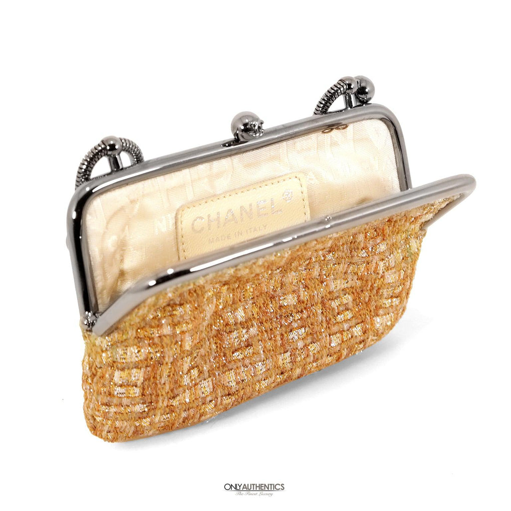Chanel Gold Tweed Couture Collection Mini Clutch with Chain
