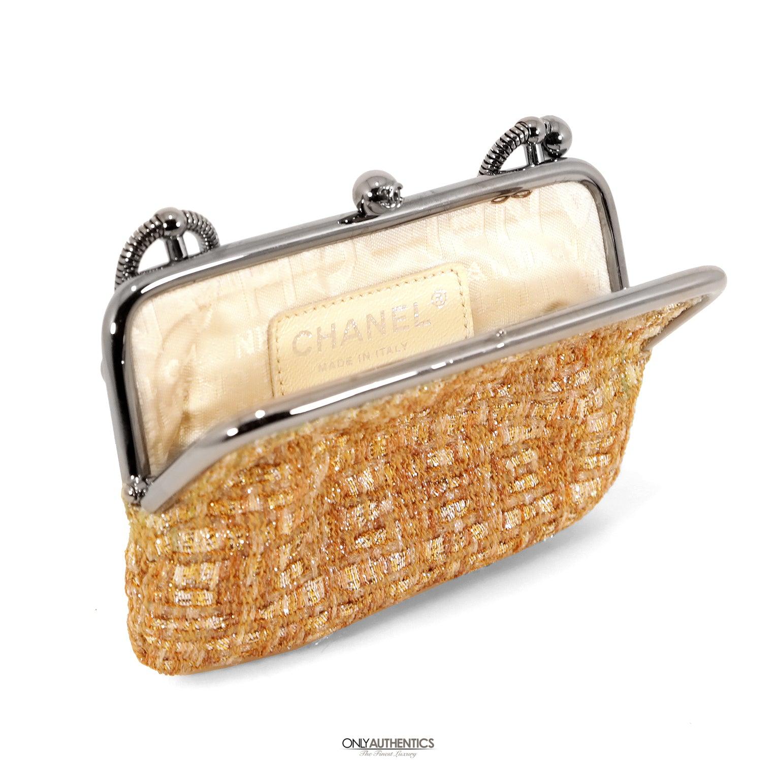 Chanel Gold Tweed Couture Collection Mini Clutch with Chain