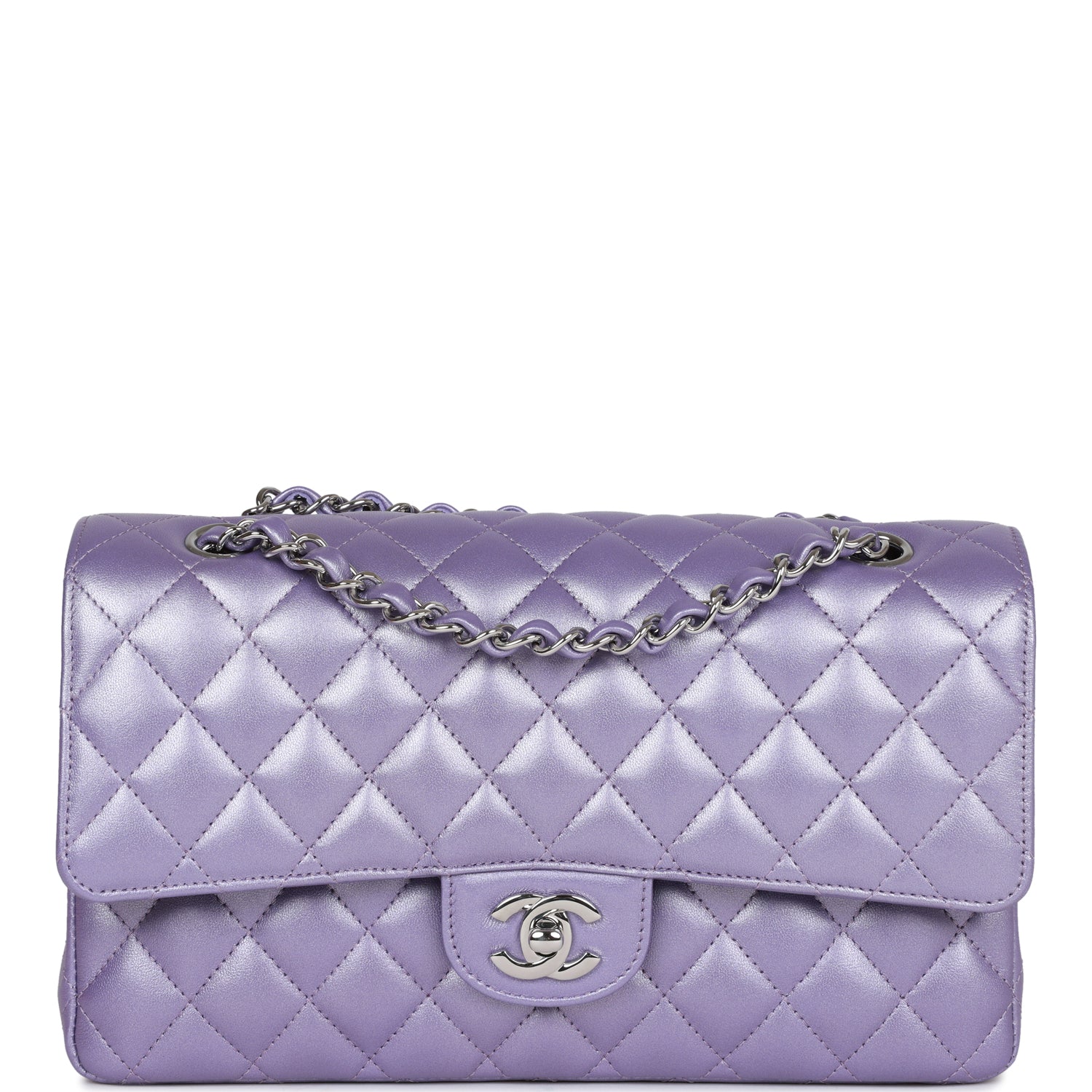 Chanel Medium Classic Double Flap Bag Purple Metallic Lambskin SiLouis Vuittoner Hardware