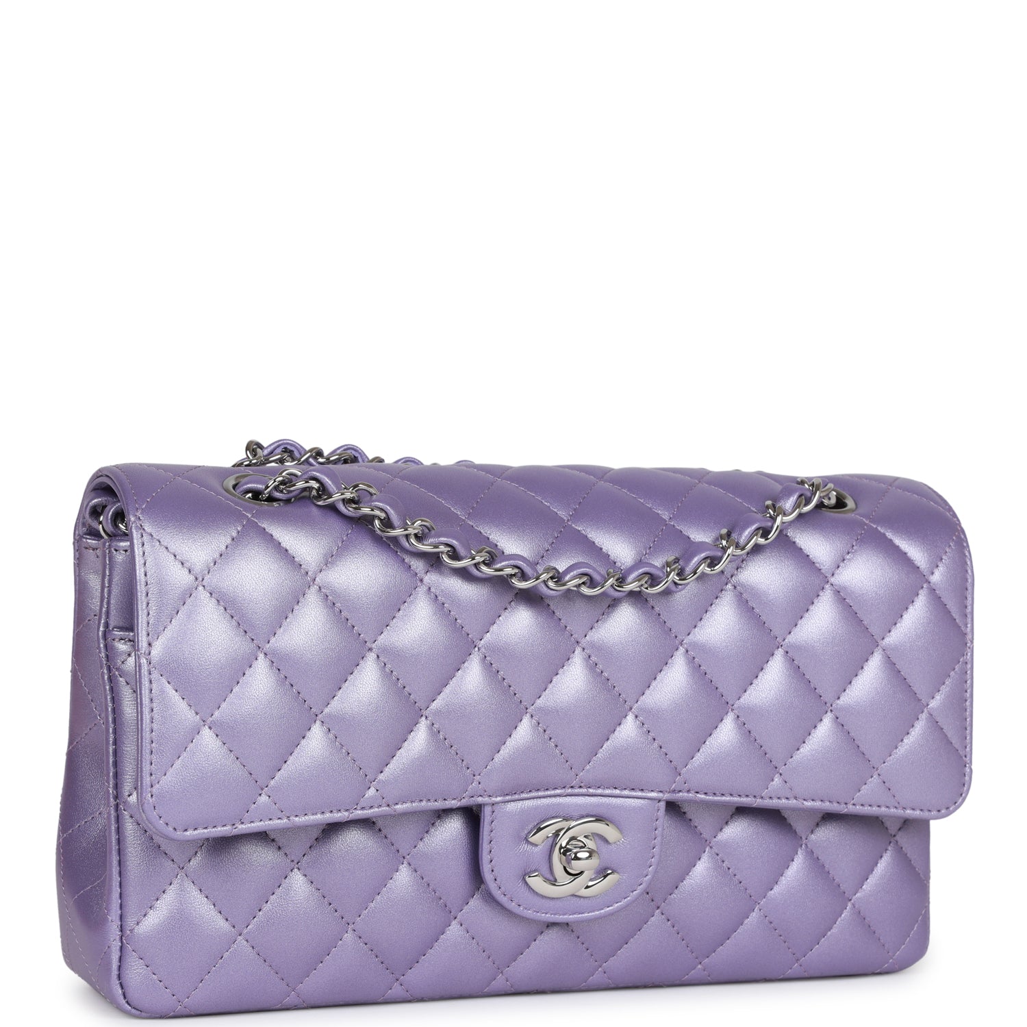 Chanel Medium Classic Double Flap Bag Purple Metallic Lambskin SiLouis Vuittoner Hardware