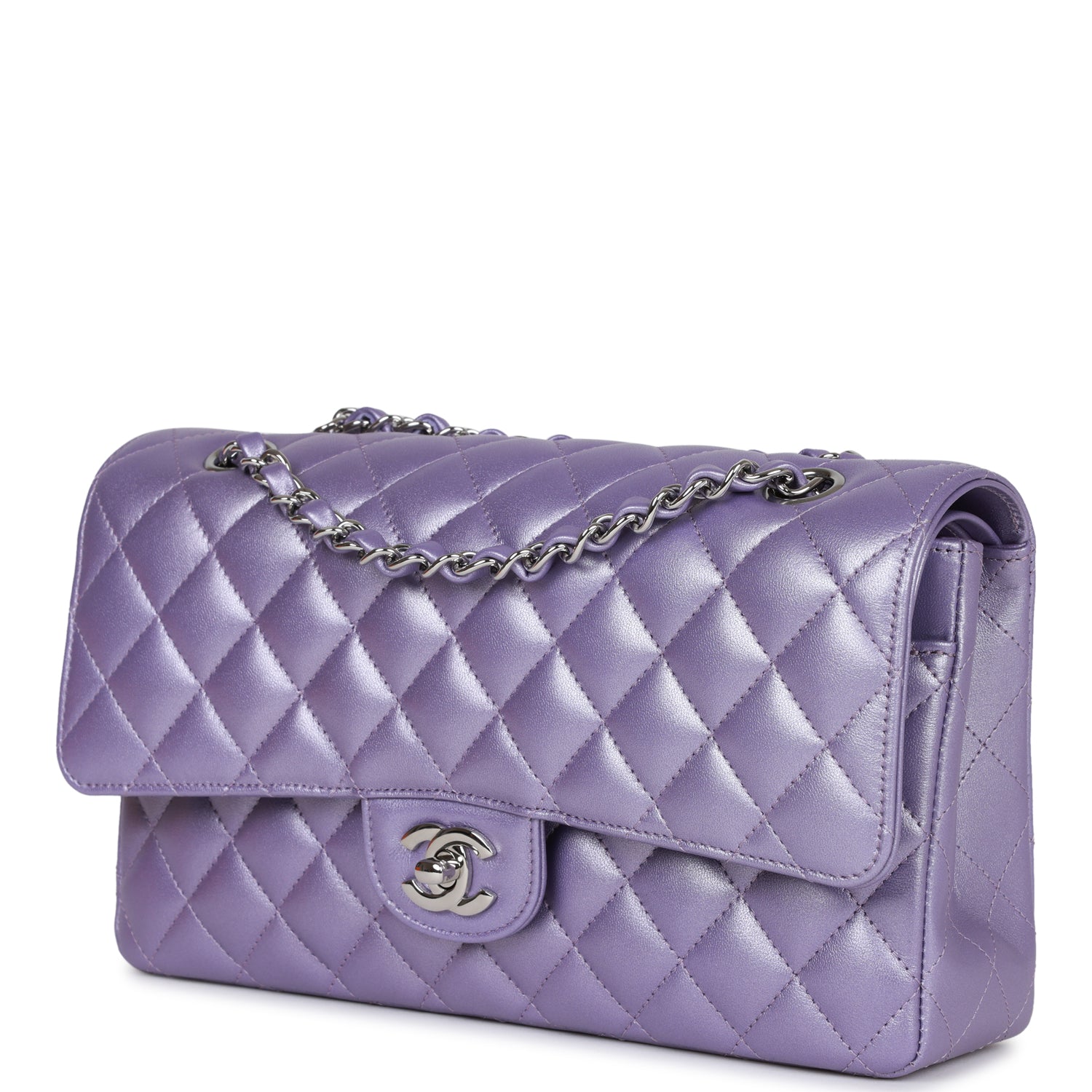 Chanel Medium Classic Double Flap Bag Purple Metallic Lambskin SiLouis Vuittoner Hardware