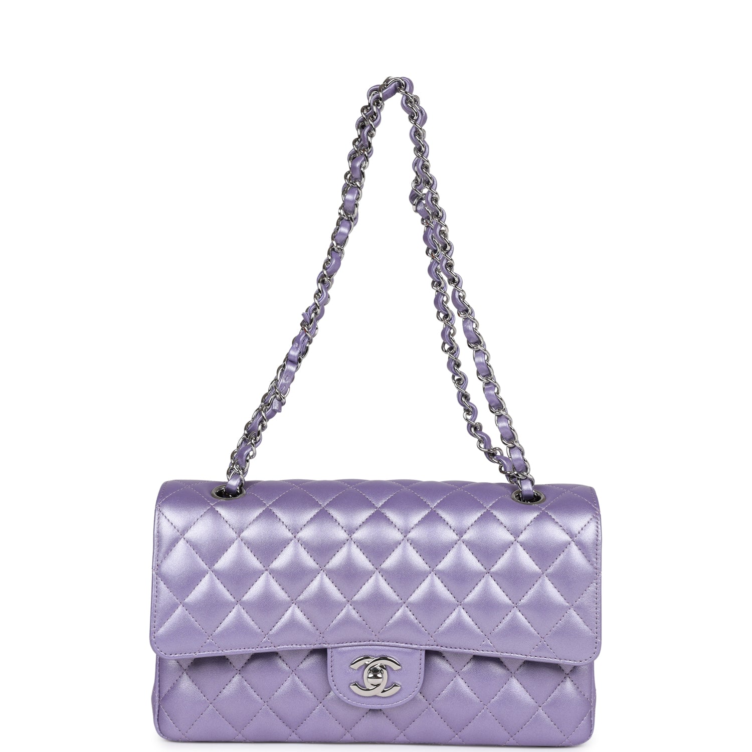 Chanel Medium Classic Double Flap Bag Purple Metallic Lambskin SiLouis Vuittoner Hardware