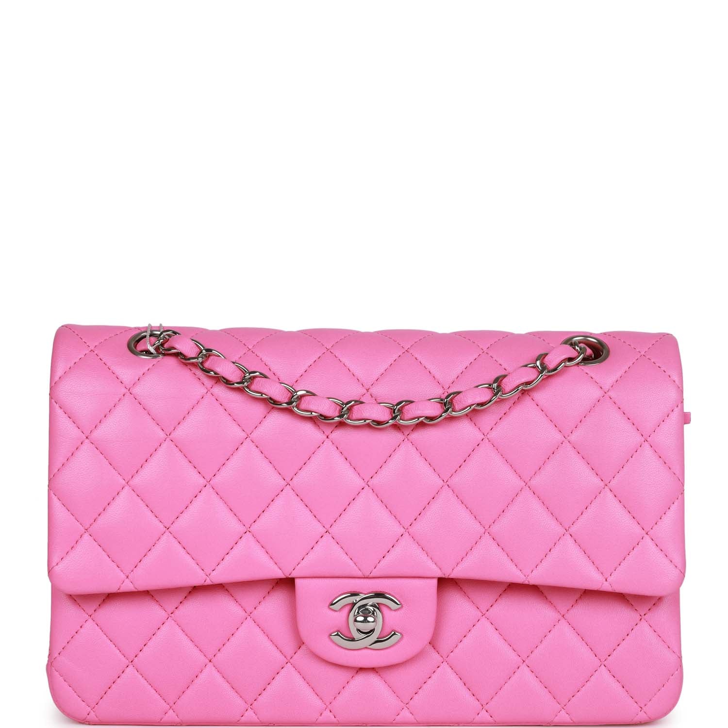 Pre-owned Chanel Medium Classic Double Flap Bag Neon Pink Lambskin SiLouis Vuittoner Hardware