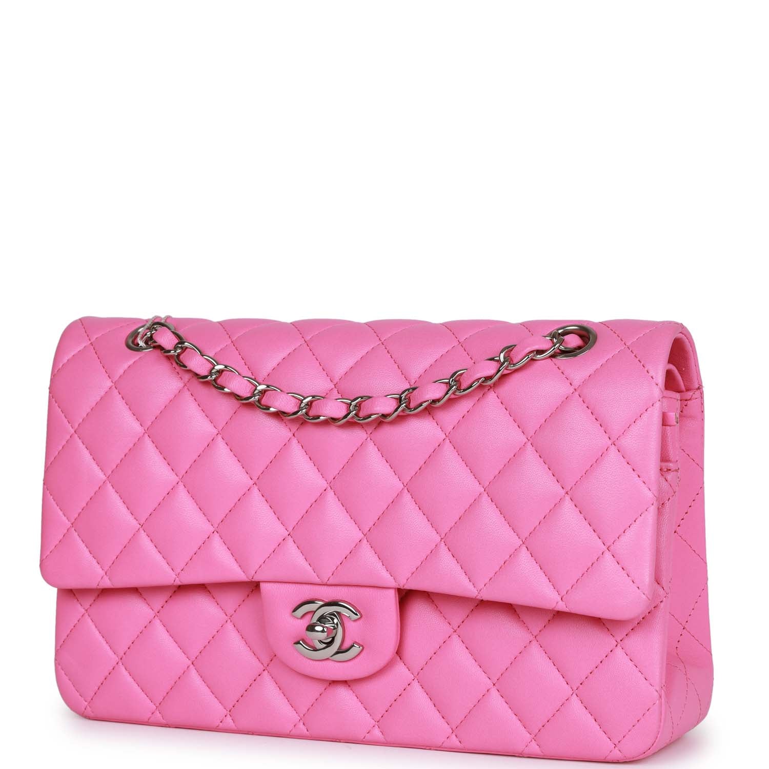 Pre-owned Chanel Medium Classic Double Flap Bag Neon Pink Lambskin SiLouis Vuittoner Hardware