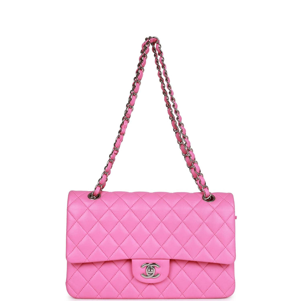 Pre-owned Chanel Medium Classic Double Flap Bag Neon Pink Lambskin SiLouis Vuittoner Hardware