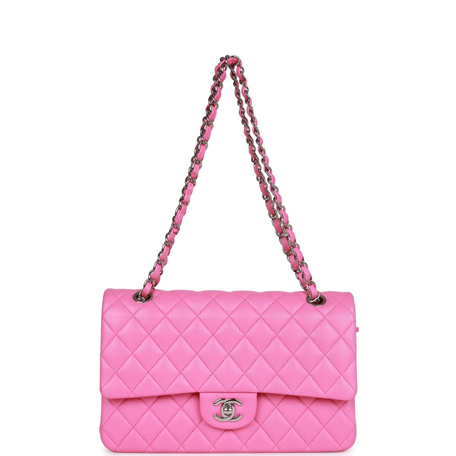 Pre-owned Chanel Medium Classic Double Flap Bag Neon Pink Lambskin SiLouis Vuittoner Hardware