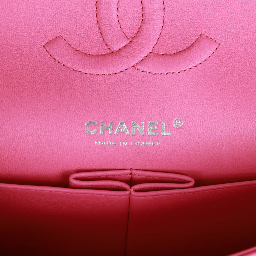 Pre-owned Chanel Medium Classic Double Flap Bag Neon Pink Lambskin SiLouis Vuittoner Hardware