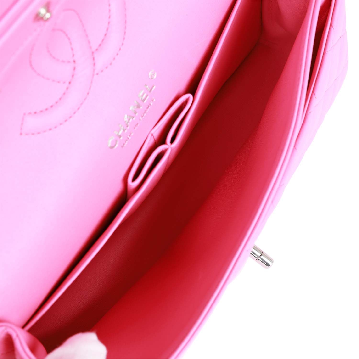Pre-owned Chanel Medium Classic Double Flap Bag Neon Pink Lambskin SiLouis Vuittoner Hardware