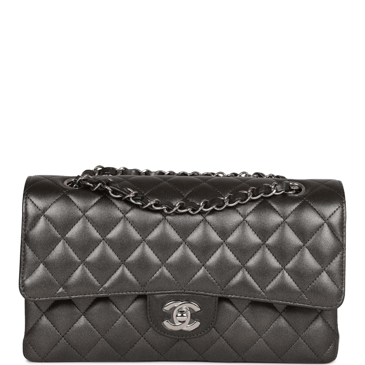 Chanel Medium Classic Double Flap Bag Metallic Grey Lambskin SiLouis Vuittoner Hardware