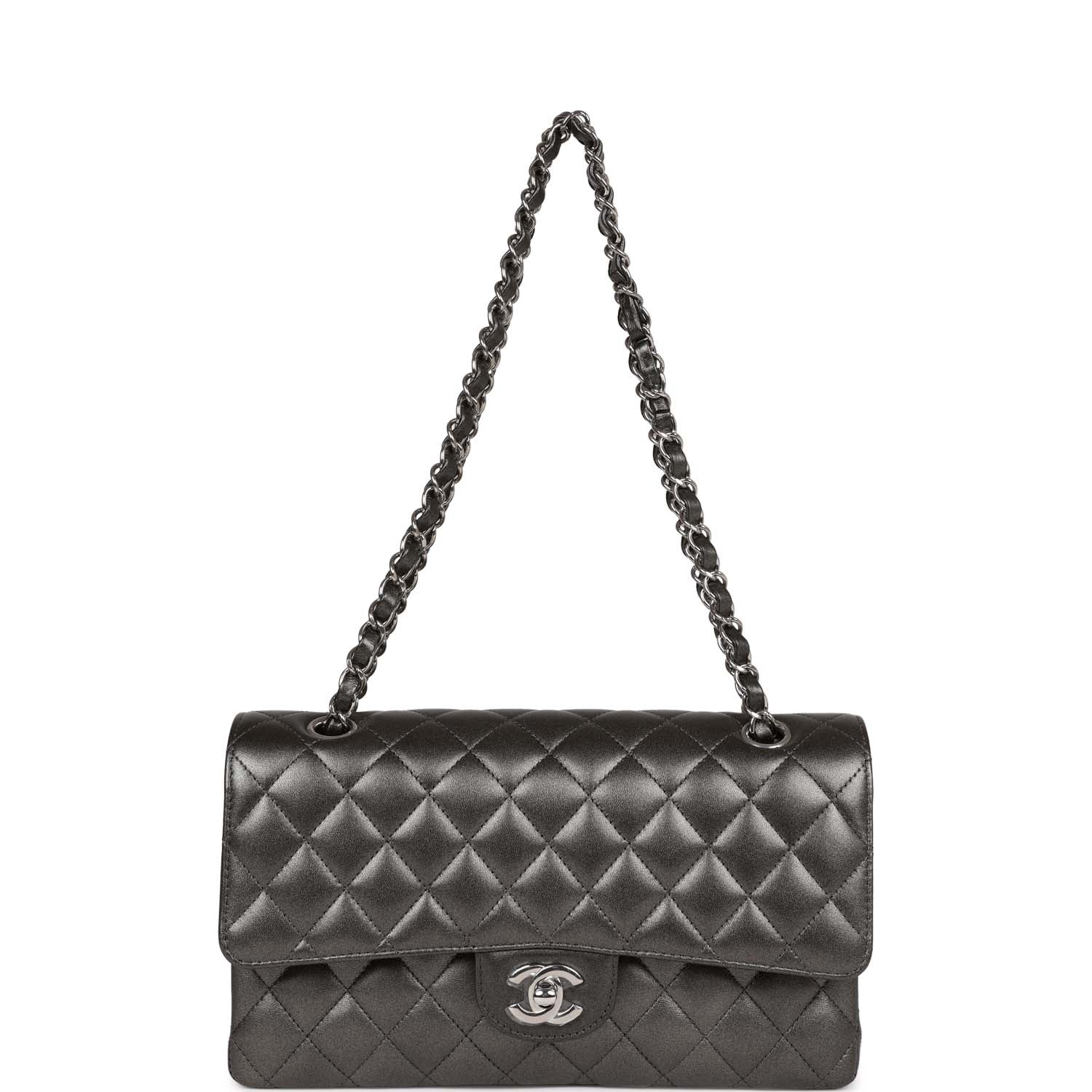 Chanel Medium Classic Double Flap Bag Metallic Grey Lambskin SiLouis Vuittoner Hardware